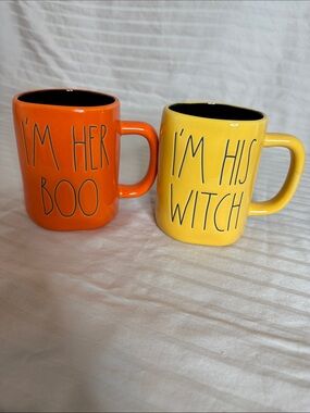 Rae Dunn Orange & Yellow "I'm Her Boo" and "I'm His Witch" Mugs set of 2